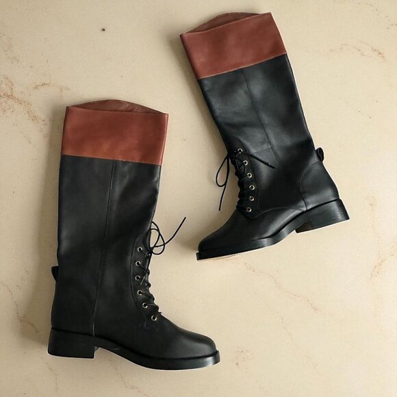 J CREW Black Tan Colorblock Leather Riding Boots Size 10 NEW NWOB - Picture 1 of 11
